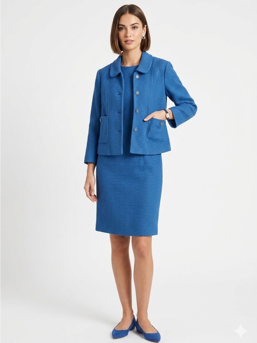 St. John Dress Suit Set Womens 16 Blue Wool Blend Textured Knit Jacket - Picture 11 of 11